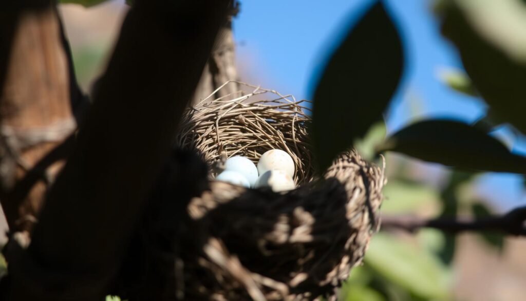 Nest exposure: a fragile moment captured in time. A songbird's nest, meticulously woven, sits precariously in the scorching sunlight. Delicate eggs, once sheltered, now vulnerable to the merciless heat. Soft hues of blue and brown, the nest's intricate structure stands in stark contrast to the harsh, sun-bleached surroundings. The camera's lens, angled to reveal the nest's interior, invites a closer look at the brood's plight. Shadows cast by nearby foliage offer a glimmer of hope, but the oppressive warmth looms, threatening the very survival of this avian sanctuary. A moment of tension, where nature's delicate balance hangs in the balance.