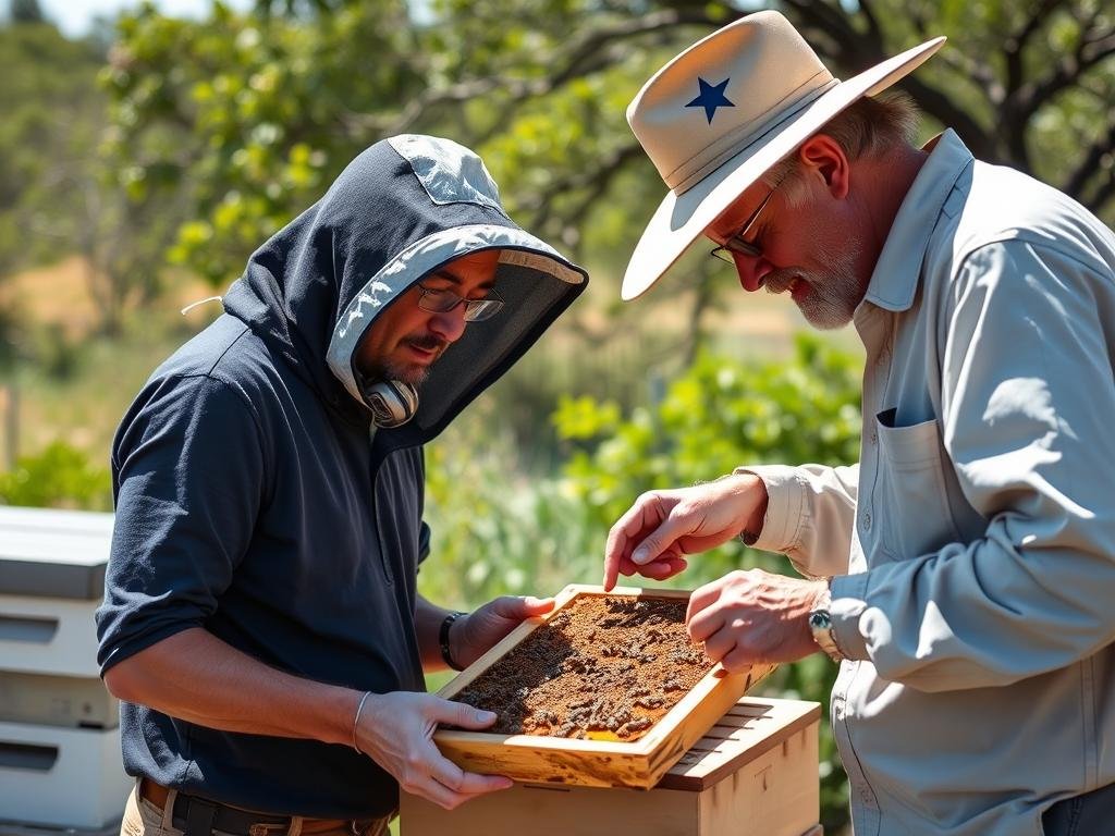 New beekeeper receiving hands-on mentoring from experienced Texas beekeeper