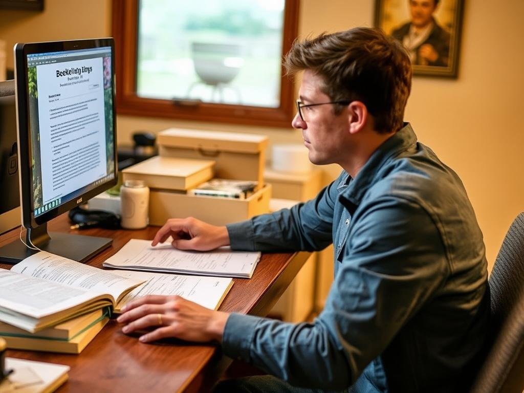 Person researching urban beekeeping regulations on computer