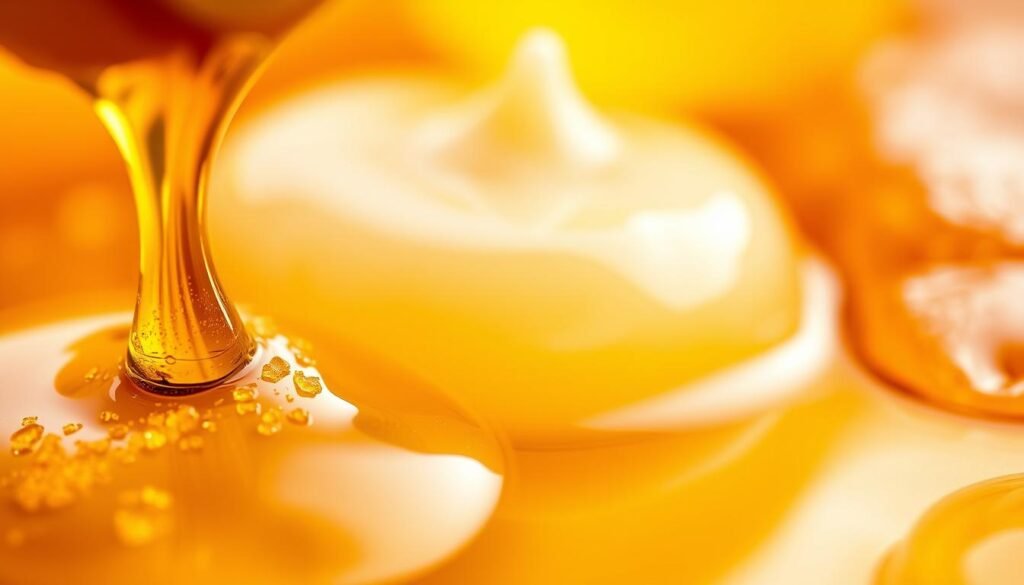 Prompt A close-up, high-resolution image of honey, propolis, and royal jelly in a seamless synergy. The foreground features a drizzle of golden honey, glistening with pollen grains, surrounding a creamy, semi-translucent mound of royal jelly. The middle ground showcases propolis resin, its deep amber hues contrasting with the other elements. The background subtly fades into soft, warm lighting, emphasizing the natural, organic composition. The overall mood is one of purity, wellness, and the harmonious interplay of bee-derived superfoods. The image is captured with a shallow depth of field using a macro lens, resulting in a focus that draws the viewer's eye to the central elements.