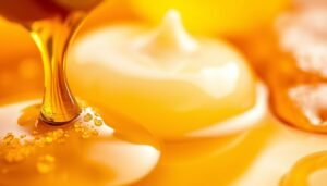 Prompt A close-up, high-resolution image of honey, propolis, and royal jelly in a seamless synergy