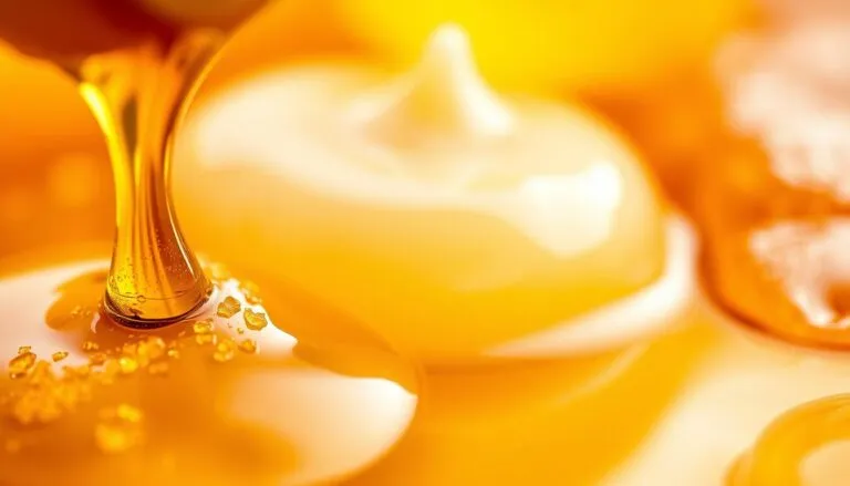 Prompt A close-up, high-resolution image of honey, propolis, and royal jelly in a seamless synergy