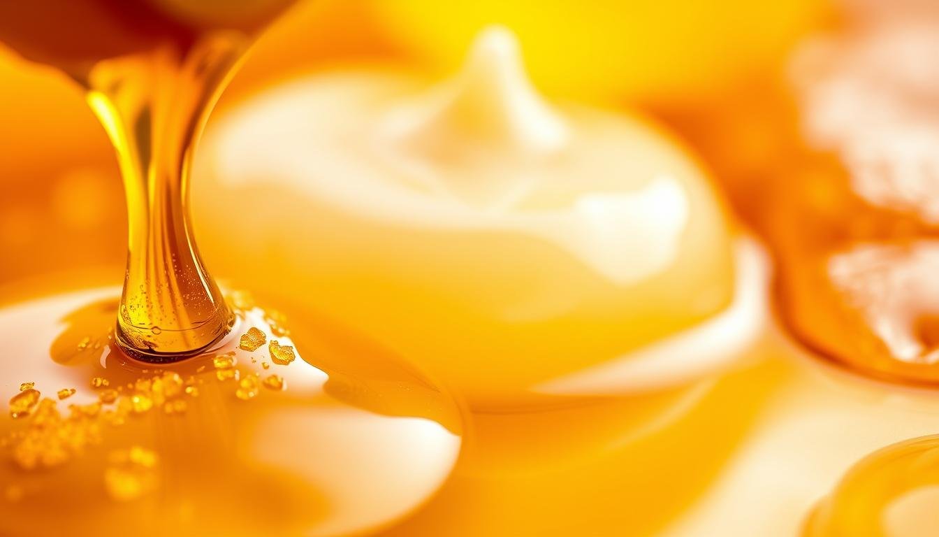 Prompt A close-up, high-resolution image of honey, propolis, and royal jelly in a seamless synergy