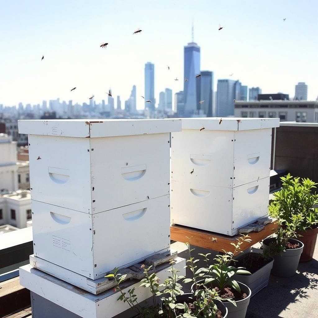 Rooftop beehives with urban skyline in background