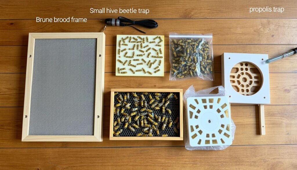 Screened bottom board and other mechanical pest control devices for beehives