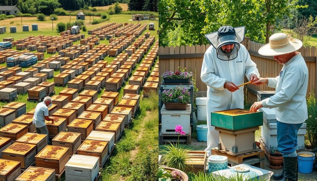 Side-by-side comparison of commercial and hobbyist beekeeping operations implementing varroa mite control methods in 2025