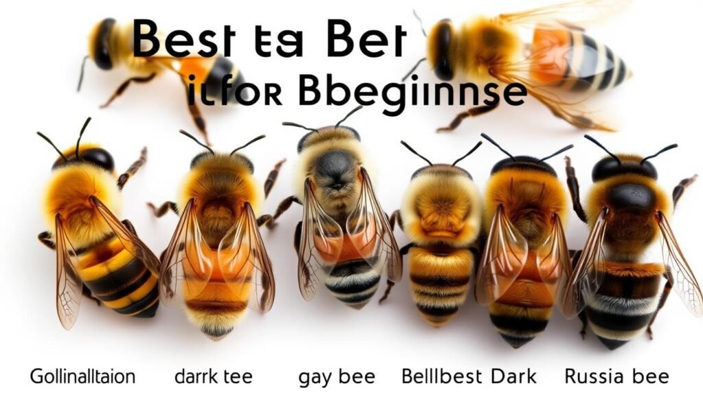 Side-by-side comparison of the five best bees for beginners showing their different coloration and physical characteristics