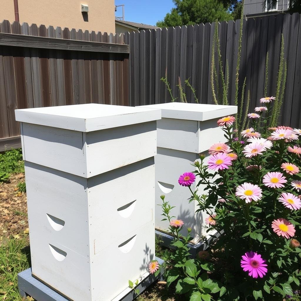 Small backyard beehive setup with flowering plants