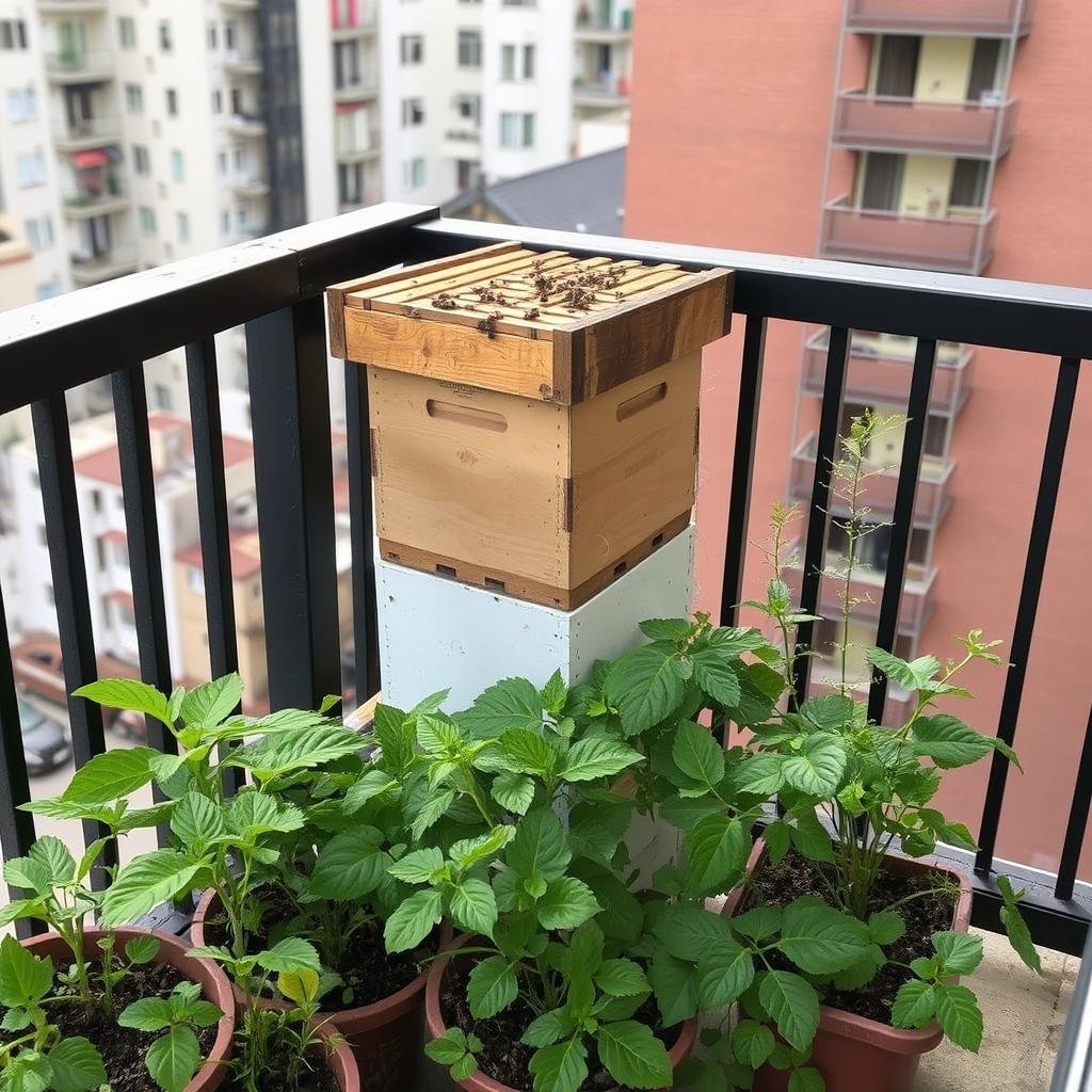 Small beehive on urban apartment balcony with container plants