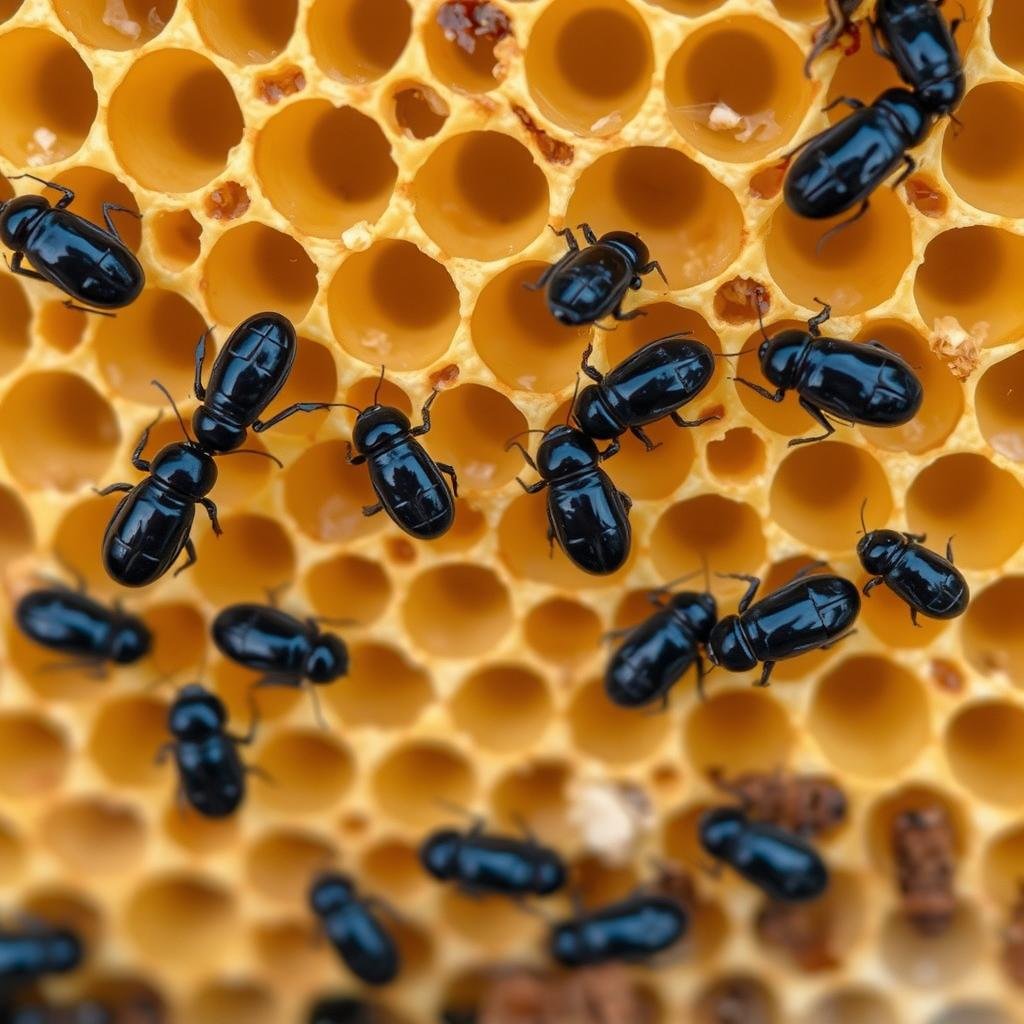 Small hive beetles on a beehive frame