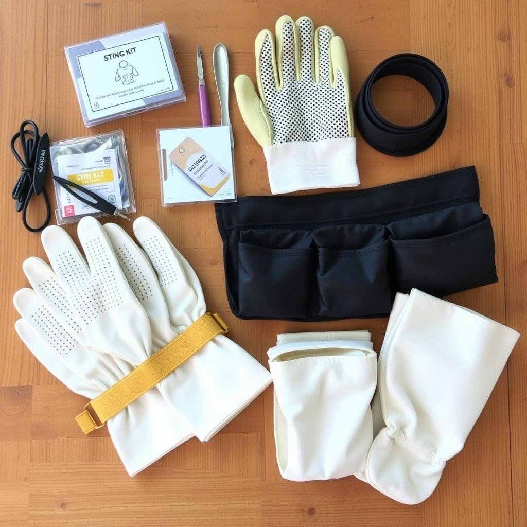 Specialized beekeeping accessories including sting kit and ventilated gloves