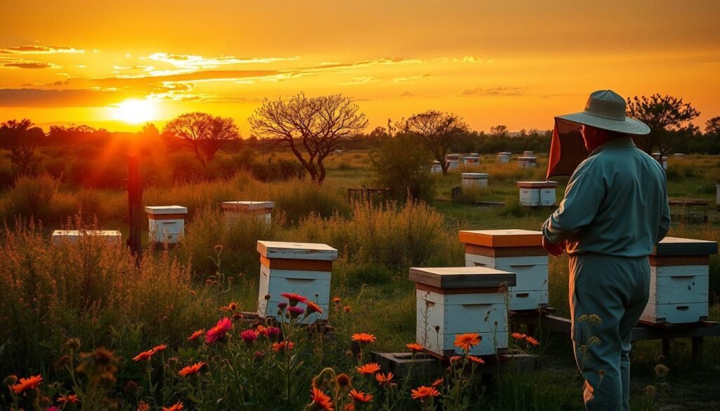 Sunset view of beehives in a Texas landscape with beekeeper observing