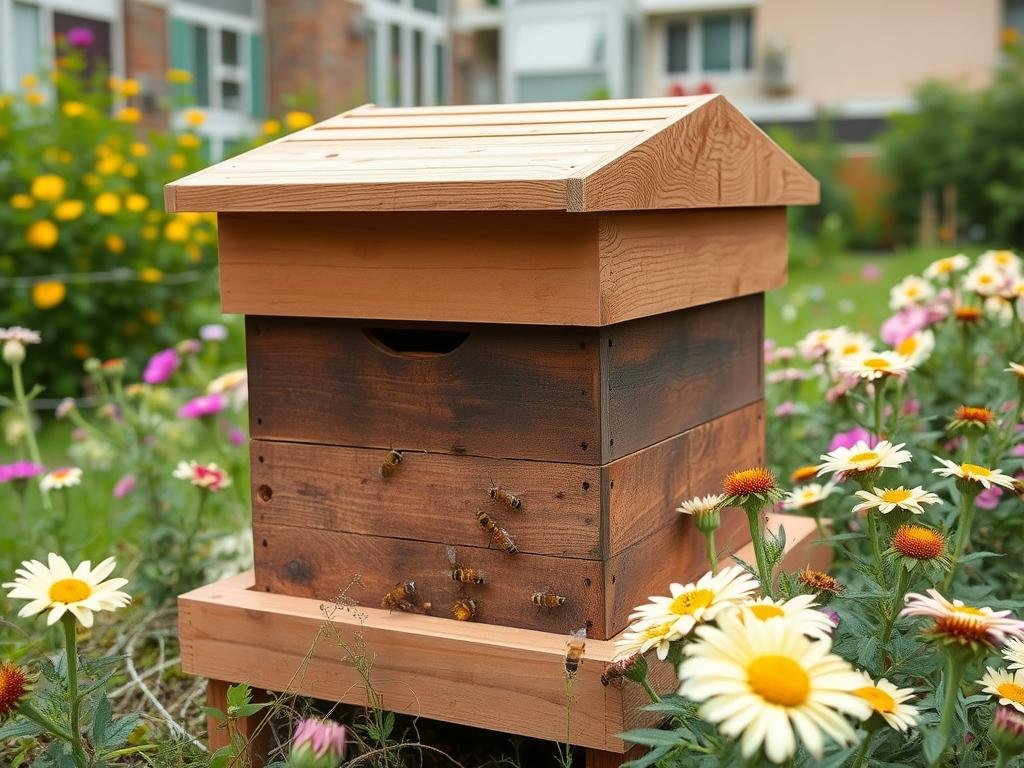 Top Bar hive in urban garden setting