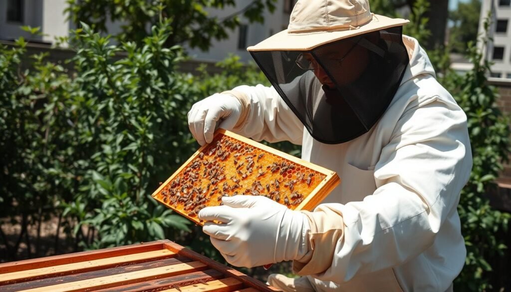 Urban beekeeper harvesting honey from frames