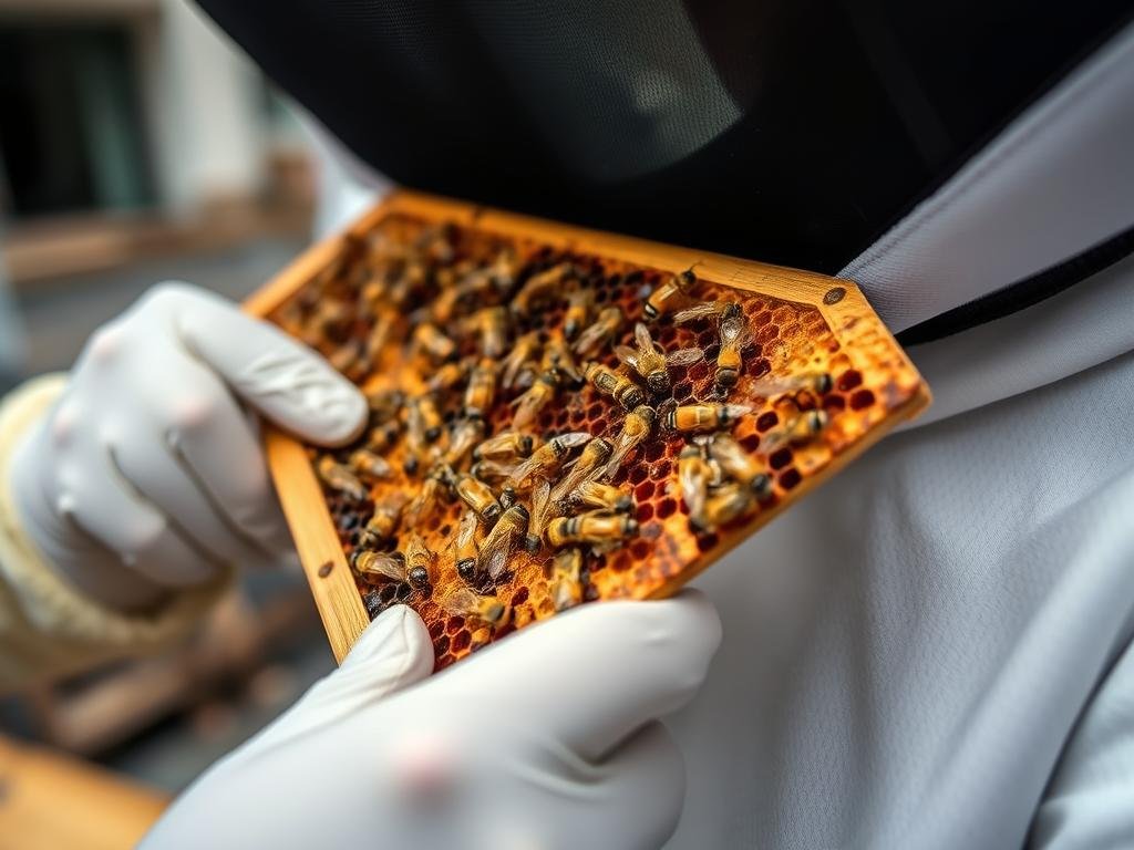 Urban beekeeper inspecting frame for pests and diseases