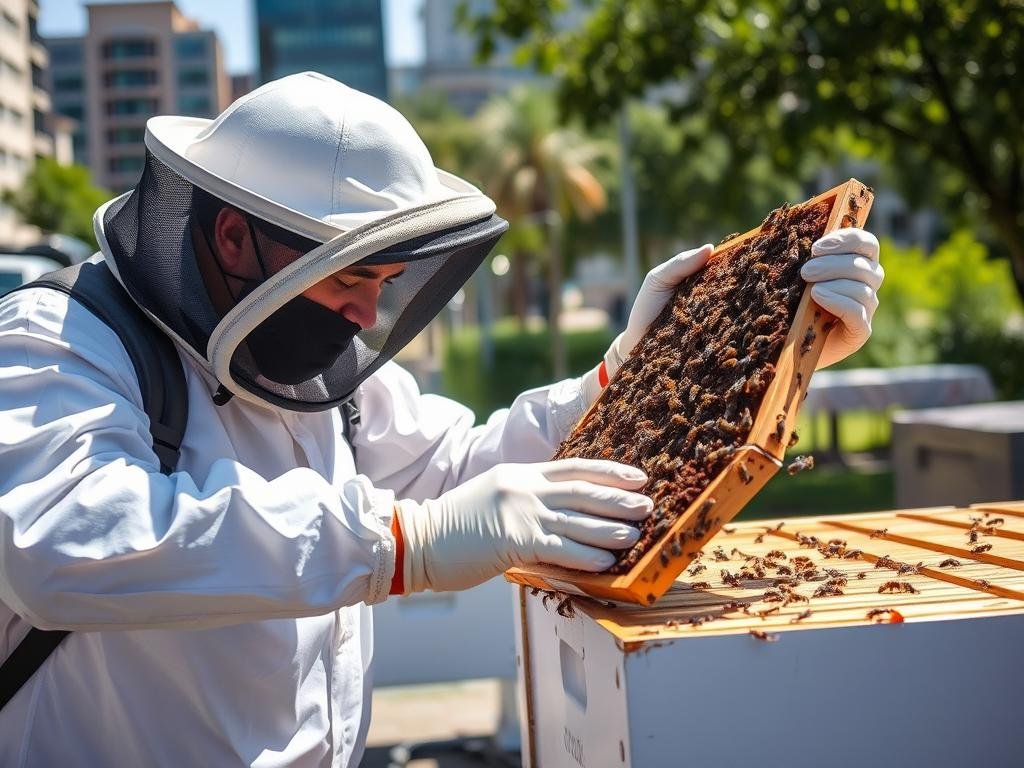 Urban beekeeper performing hive inspection