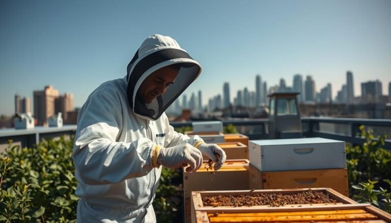 Urban beekeeper tending to hives on a city rooftop with skyline in background