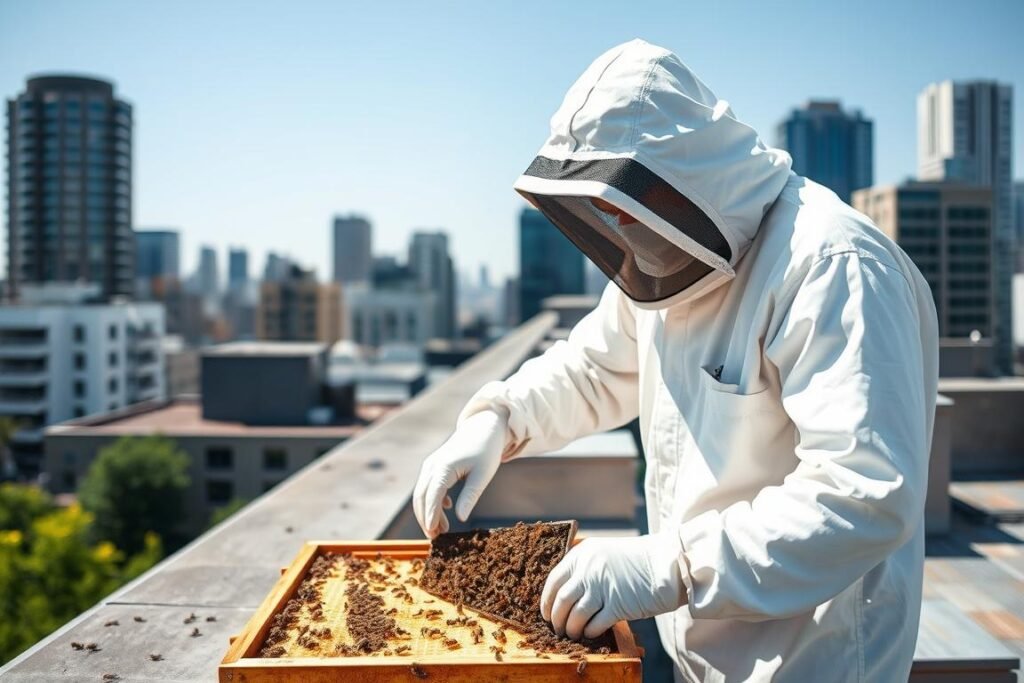 Urban beekeeper wearing full protective gear inspecting hive