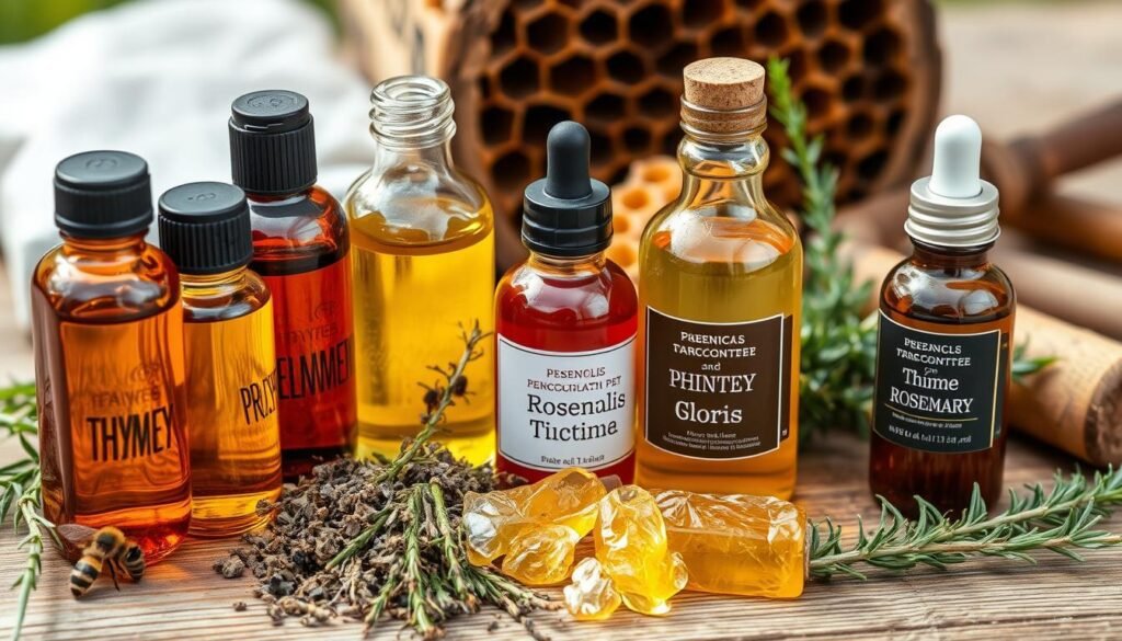 Various botanical extracts and plant-based solutions used in natural pest control for bee colonies