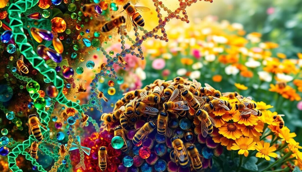 Vibrant mosaic of diverse genetic blueprints, intricately intertwined. Swirling patterns of vivid hues - emerald, sapphire, amber - representing the rich tapestry of honeybee genetics. In the foreground, intricate molecular structures dance, showcasing the complexity of DNA. The middle ground features a colony of honeybees, their bodies adorned with distinct markings, a testament to their unique genetic lineages. In the background, a lush, blooming garden provides the backdrop, symbolizing the natural environment that fosters this incredible diversity. Soft, diffused lighting illuminates the scene, creating a sense of harmony and balance. Captured through a wide-angle lens, the image conveys the grand scale and importance of genetic diversity in queen breeding.