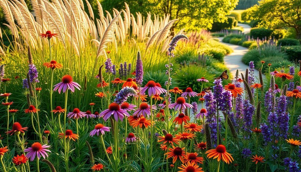 Vibrant native plants flourishing in a lush, meticulously designed pollinator garden. In the foreground, a profusion of colorful, nectar-rich blooms - purple coneflowers, butterfly milkweed, and Blazing stars, bathed in warm, golden sunlight. The middle ground features towering, swaying grasses interspersed with pollinator-friendly shrubs and small trees, creating a layered, naturalistic landscape. The background hints at a verdant urban oasis, with a glimpse of leafy canopies and a serene, winding path. The composition is balanced, the lighting is soft and inviting, and the overall mood is one of tranquility and abundance - a haven for pollinators to thrive. Vibrant native plants flourishing in a lush, meticulously designed pollinator garden. In the foreground, a profusion of colorful, nectar-rich blooms - purple coneflowers, butterfly milkweed, and Blazing stars, bathed in warm, golden sunlight. The middle ground features towering, swaying grasses interspersed with pollinator-friendly shrubs and small trees, creating a layered, naturalistic landscape. The background hints at a verdant urban oasis, with a glimpse of leafy canopies and a serene, winding path. The composition is balanced, the lighting is soft and inviting, and the overall mood is one of tranquility and abundance - a haven for pollinators to thrive.