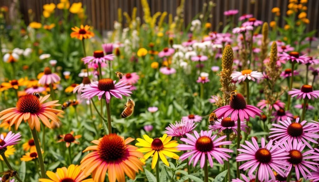 Vibrant native plants thriving in a pollinator garden, showcasing a variety of colorful flowers such as coneflowers, asters, and goldenrod in full bloom. In the foreground, provide close-up details of bees and butterflies gracefully interacting with the blossoms, emphasizing their role in pollination. The middle ground should feature a lush arrangement of diverse plant species, arranged harmoniously to attract pollinators, with rich greens and splashes of color creating a lively scene. In the background, a soft-focus view of a sunny garden setting, possibly with a wooden fence or tree line, provides depth. Employ warm, natural lighting to enhance the inviting atmosphere of this serene garden space, captured with a slightly angled lens to create a dynamic perspective.