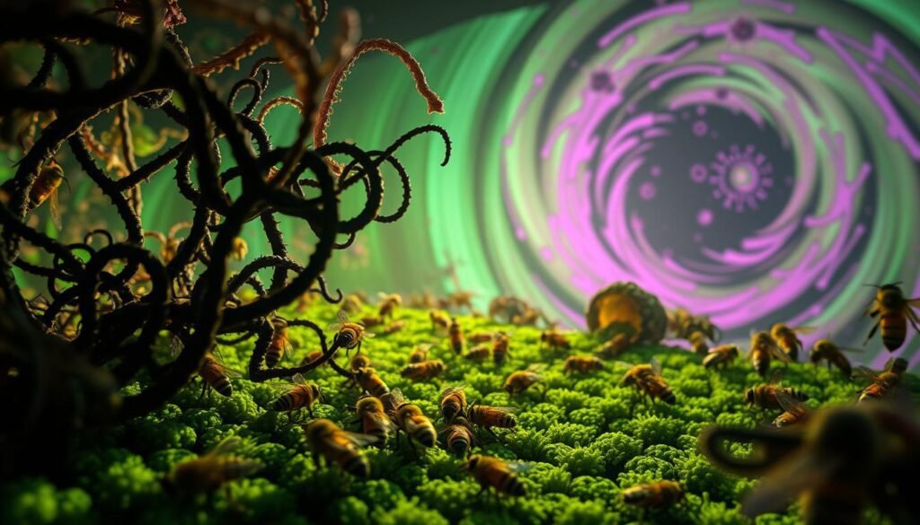 Viral landscape, a surreal microcosm teeming with sinister energy. In the foreground, twisted tendrils of Deformed Wing Virus (DWV), Israeli Acute Paralysis Virus (IAPV), and Acute Bee Paralysis Virus (ABPV) intertwine, casting ominous shadows. The middle ground depicts a hive in distress, worker bees succumbing to the viral onslaught, their movements erratic and disoriented. In the background, a swirling vortex of sickly greens and purples, symbolizing the insidious nature of these pathogens and their impact on the bee immune system. The scene is bathed in an eerie, otherworldly glow, conveying a sense of unease and the fragility of the delicate balance of the hive. Cinematic lighting and a wide-angle lens create a sense of immersion, drawing the viewer into this unsettling and captivating viral landscape.