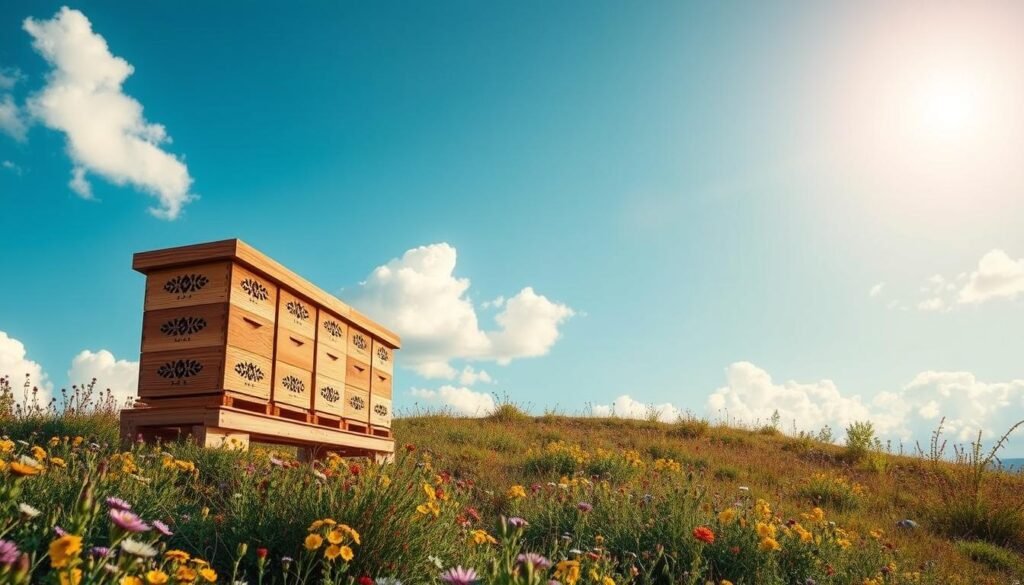 Visualize a beautifully designed hive stand set in a vibrant apiary environment. In the foreground, showcase a sturdy wooden hive stand featuring intricate laser-cut designs, supporting multiple beehive boxes. The middle ground should illustrate a gently sloping landscape, emphasizing optimal drainage and airflow for beehives, surrounded by wildflowers and greenery that invite pollinators. In the background, a clear blue sky with soft, warm sunlight filtering through fluffy clouds creates an inviting atmosphere. The camera angle should be slightly elevated, showcasing the hive stand's details while capturing the harmonious interaction of nature. The overall mood is serene and productive, reflecting a thriving modern apiary.