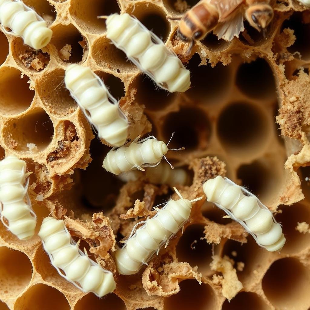 Wax moth larvae damaging honeycomb in a beehive