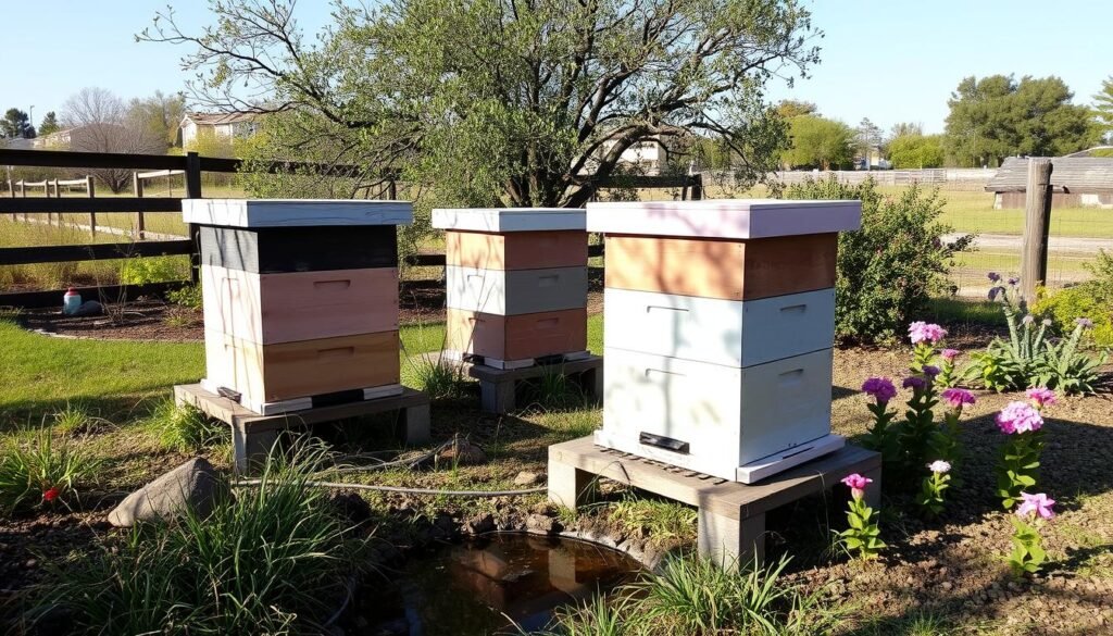 Well-positioned beehives in a Texas garden with morning sun exposure and nearby water source
