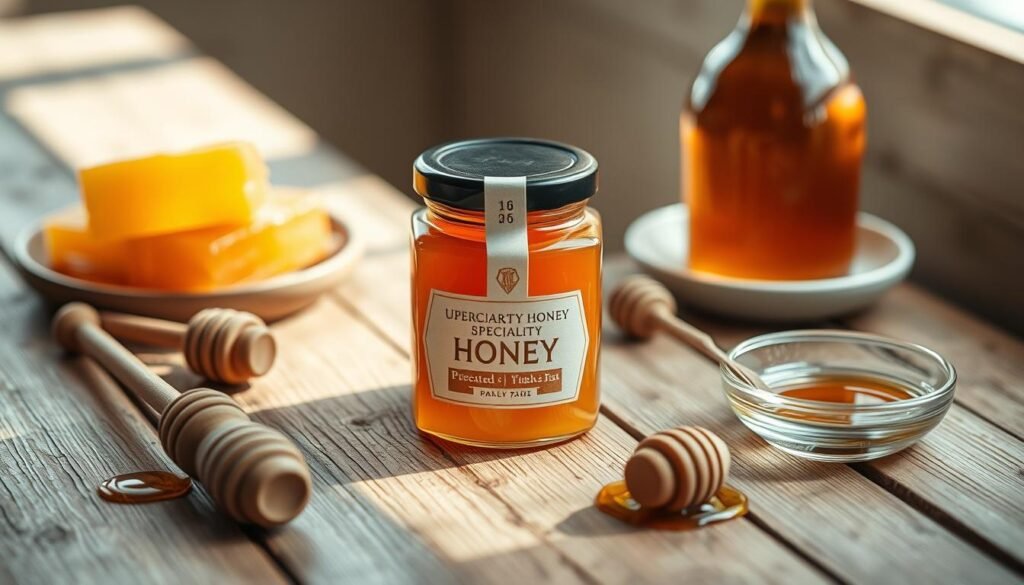 a beautifully presented specialty honey jar, placed on a rustic wooden table, lit by soft natural lighting. The jar has a sleek, minimalist design with a modern label showcasing the honey variety. Surrounding the jar, there are other artisanal elements like a honey dipper, a sprig of honeycomb, and a small bowl of honey. The overall composition exudes a sense of quality, craftsmanship, and attention to detail, creating an inviting and visually appealing display that would captivate a discerning customer.