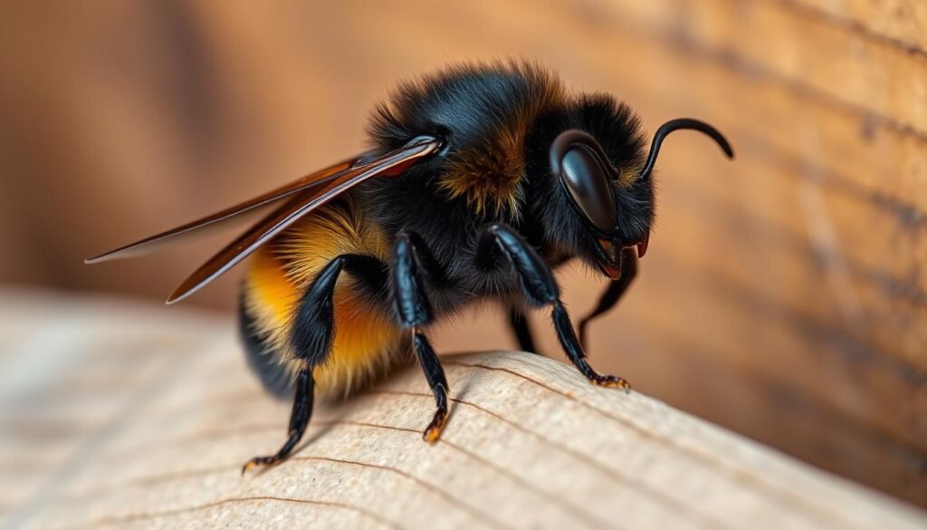 a close-up photograph of a large carpenter bee perched on a wooden surface, with a vibrant, natural color palette and soft, warm lighting from the side illuminating the insect's distinctive features. The bee's large, robust body is covered in dense, velvety black fur, with a contrasting golden-yellow abdomen. The creature's broad wings are folded at rest, and its large, mandibles are visible as it inspects its surroundings. In the background, a blurred, textured wooden surface suggests the bee's natural habitat. The overall composition and lighting create a sense of calm, close observation of this important pollinator species.