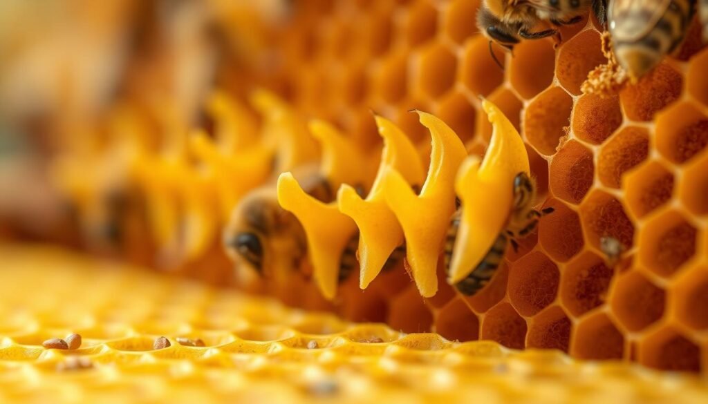 a close-up view of active honeybee queen cells, also known as "swarm cells" or "supersedure cells", on a natural honeycomb frame with a warm, amber-toned lighting that highlights the intricate textures and shapes of the waxy, elongated queen cells. The cells should appear in the foreground, with a soft, out-of-focus background suggesting the presence of the rest of the hive. Capture the sense of anticipation and the critical stage of the swarming process that these queen cells represent, using a shallow depth of field to draw the viewer's attention to the details of the cells.