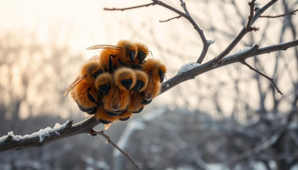 a close-up view of several plump, fuzzy honeybees clustered together on a bare tree branch in a wintry landscape, with a soft, hazy background of snowy trees and a muted, overcast sky. The bees appear well-fed and content, their abdomens swollen with stored honey, as they huddle together for warmth during the dormant, broodless season. Subtle shafts of diffused light illuminate the scene, casting a gentle, serene atmosphere. The composition focuses on the resilience and adaptability of these remarkable insects as they prepare to weather the harshest months of the year.