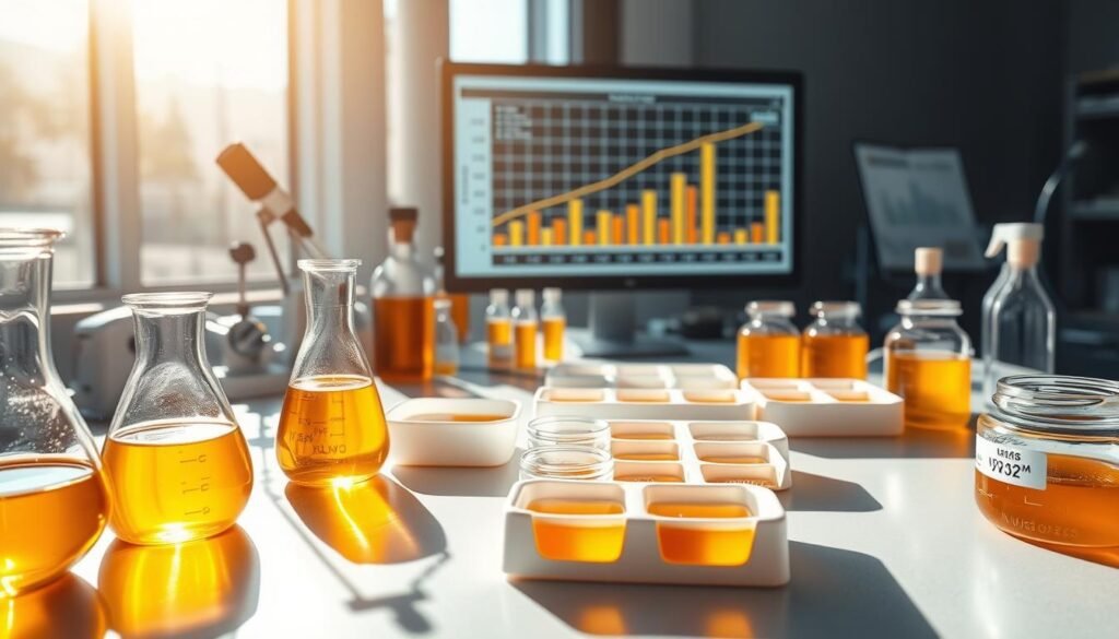a highly detailed, photorealistic digital illustration of a laboratory desk with various scientific equipment, test tubes, and petri dishes filled with honey samples. The desk is well-lit with a bright, natural light source, casting long shadows across the scene. In the foreground, there are several clear glass beakers and pipettes filled with golden honey, with the liquid glistening under the illumination. In the middle ground, several white ceramic petri dishes containing different honey samples are arranged neatly, each labeled with scientific markings. In the background, there is a large, backlit display screen showing a chart or graph with thresholds and data points related to honey adulteration detection. The overall atmosphere is one of scientific precision and inquiry, with a focus on the nuances of interpreting laboratory test results for honey quality and purity.