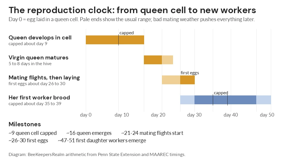 Timeline diagram from egg laid in a queen cell to the new queen's first worker daughters emerging about day 47 to 51