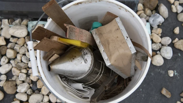 Overhead view of a white bucket holding a bee smoker, a yellow bee brush, wooden shims and pine-needle smoker fuel