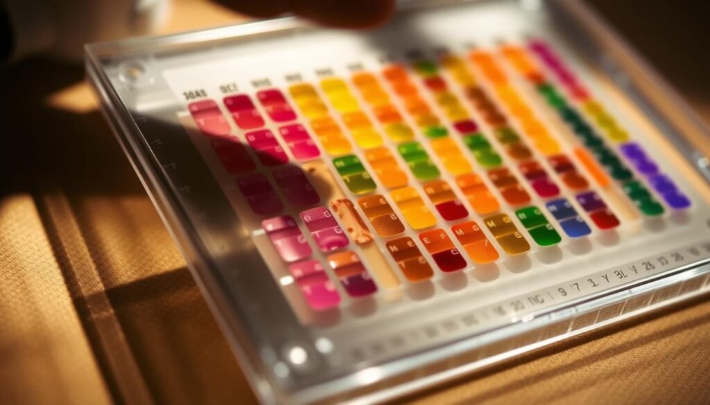 chromatography pollen amino: a detailed analytical study A close-up view of a chromatography plate displaying distinct amino acid bands extracted from a diverse pollen sample. The plate is illuminated by a soft, diffuse light, casting subtle shadows that accentuate the fine details of the separation. The background is a muted, earthy tone, allowing the vivid color spectrum of the amino acids to be the focal point. The composition is framed at an angle, creating a sense of depth and emphasizing the technical precision of the analytical process. The overall mood is one of scientific inquiry and attention to detail, reflecting the rigor of the pollen amino acid profiling study.