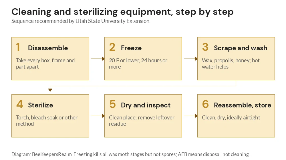 Flow diagram of the six-step equipment cleaning sequence from disassembly and freezing to sterilizing, drying and storage