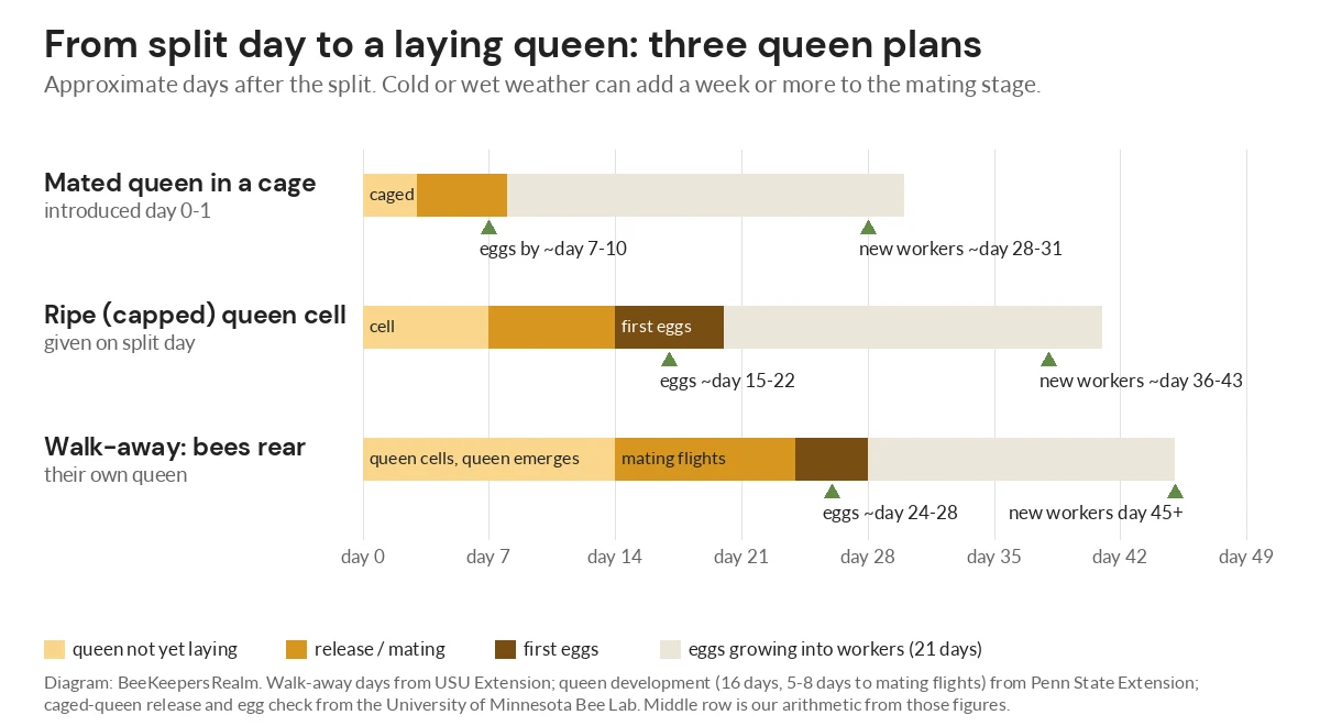 Chart comparing days from a hive split to first eggs for a mated queen, a queen cell and a walk-away split
