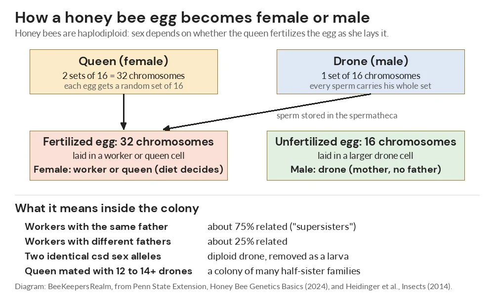 Diagram showing fertilized honey bee eggs becoming female workers or queens and unfertilized eggs becoming drones