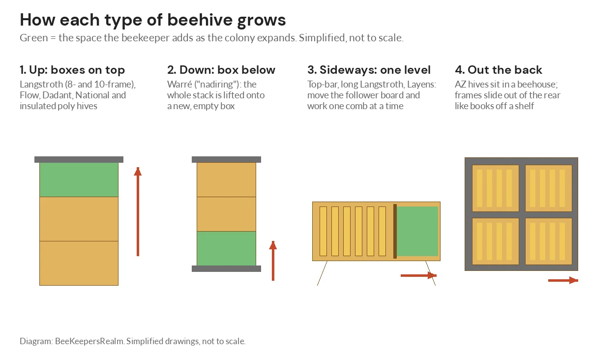 Diagram of four ways hives expand: boxes added on top, a box added below, sideways in one long box, frames from the back