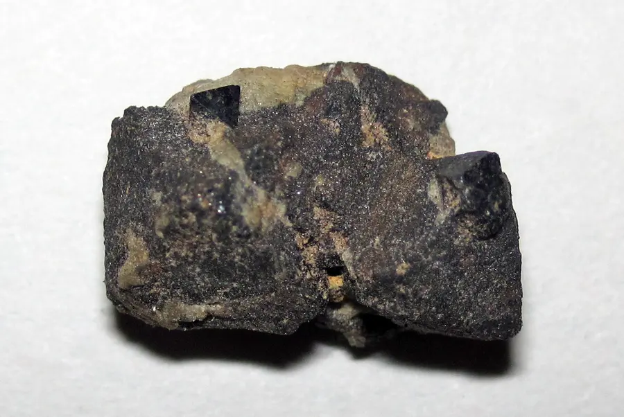 Dark octahedral magnetite crystals in a rock sample from Magnet Cove, Arkansas, the iron oxide also found in bees