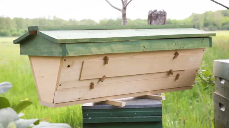 Green-roofed top-bar hive with sloping sides on a stand, beside stacked wooden box hives in a meadow