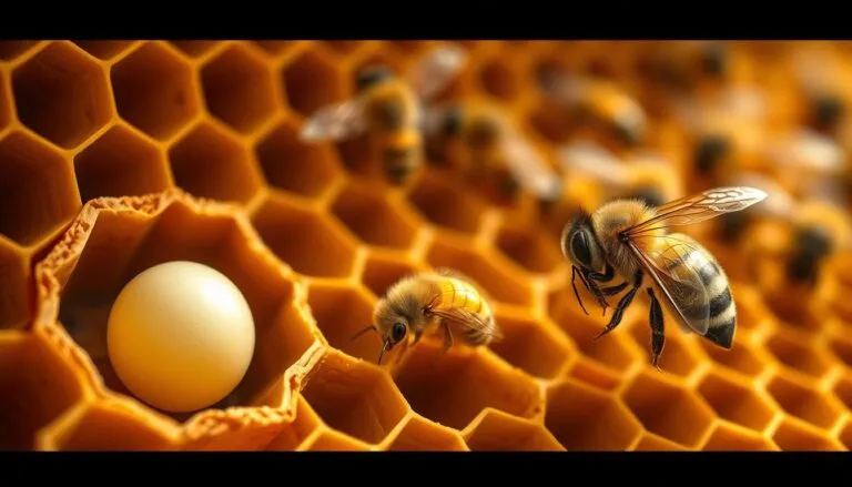 Close-up of a honeybee egg and adult worker bees on honeycomb, illustrating the egg stage of the honey bee life cycle