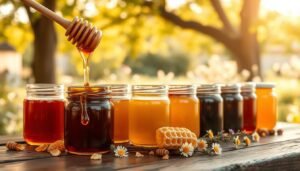 A beautifully arranged display of 16 different honey varieties in elegant glass jars, each showcasing its unique color and