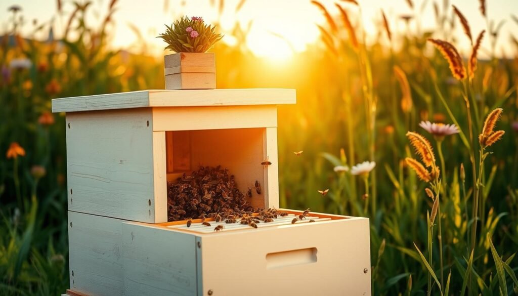 A beautifully arranged new hive setup in a lush green field during golden hour, evoking a warm and inviting atmosphere. In the foreground, a well-constructed wooden beehive, painted in soft pastel colors, adorned with a small decorative flower planter on top. In the middle ground, bees are actively entering and exiting the hive, displaying a lively yet calm scene, while gentle sunlight filters through the leaves, creating soft shadows. The background features vibrant wildflowers and tall grasses swaying gently in the breeze, with a clear blue sky accentuating the peacefulness of the setting. A slight depth of field effect blurs the background slightly, keeping focus on the hive. Overall, the image depicts a serene and inviting home-like environment for the bees.
