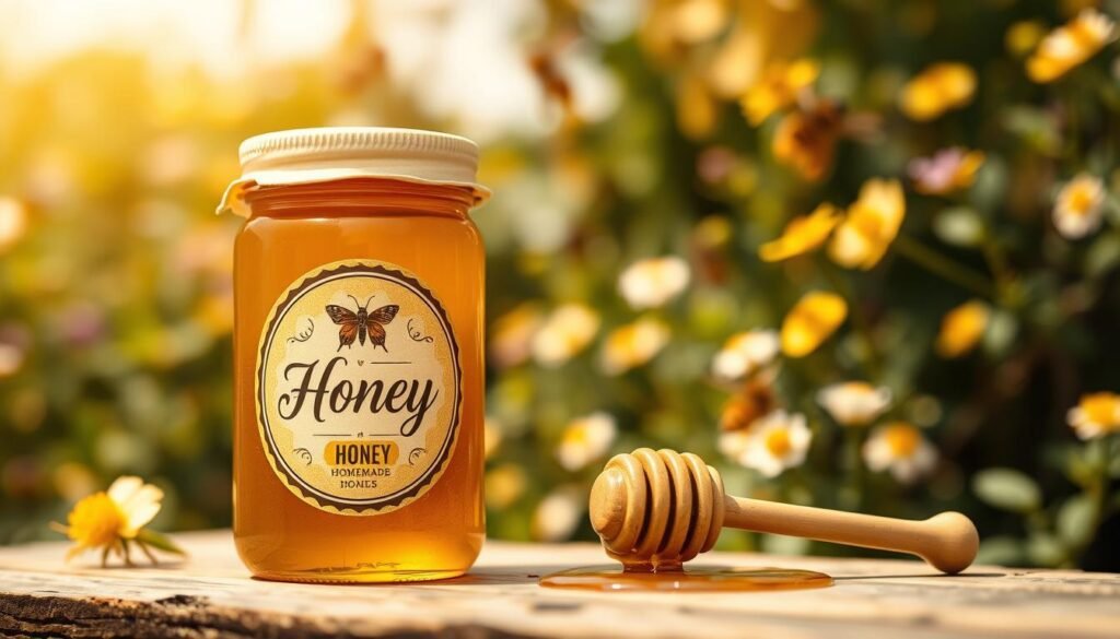 A beautifully designed honey label displayed prominently in the foreground, featuring a rustic charm with a honeycomb pattern and elegant script indicating the honey's type. The label should include elements like a bee illustration and natural colors such as warm yellows and gold tones that evoke a sense of sweetness and nature. In the middle ground, a jar of honey with a honey dipper beside it captures the essence of homemade quality. The background is softly blurred, depicting a lush garden setting with blooming flowers and buzzing bees, creating an inviting atmosphere. The lighting is warm and natural, reminiscent of a sunny day, adding a cozy glow. The overall mood is friendly and professional, reflecting compliance in honey labeling practices.