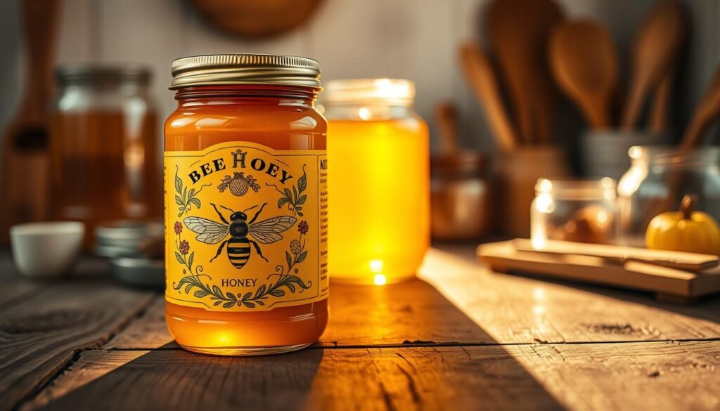 A beautifully designed honey label prominently displayed on a rustic wooden table, showcasing its vibrant yellow and gold colors. The foreground features a close-up of the label, which includes an elegant bee illustration surrounded by natural motifs like honeycomb and flowers. In the middle ground, a jar of honey reflects a warm, golden glow from soft, diffused sunlight, highlighting the smooth texture of the honey inside. The background is softly blurred, revealing a cozy kitchen setting with jars and wooden utensils, creating a homely atmosphere. The lighting is warm and inviting, emphasizing the artisanal qualities of the honey and evoking a sense of quality and care in the label design. A beautifully designed honey label prominently displayed on a rustic wooden table, showcasing its vibrant yellow and gold colors. The foreground features a close-up of the label, which includes an elegant bee illustration surrounded by natural motifs like honeycomb and flowers. In the middle ground, a jar of honey reflects a warm, golden glow from soft, diffused sunlight, highlighting the smooth texture of the honey inside. The background is softly blurred, revealing a cozy kitchen setting with jars and wooden utensils, creating a homely atmosphere. The lighting is warm and inviting, emphasizing the artisanal qualities of the honey and evoking a sense of quality and care in the label design.