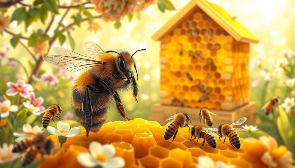 A beautifully detailed and realistic illustration of a queen bee in a natural setting, highlighting her importance in the hive. In the foreground, the queen bee, larger than the worker bees, is surrounded by attentive worker bees, showcasing their nurturing behavior. The middle ground features a vibrant beehive filled with honeycomb, reflecting the busy life inside. The background shows a lush garden with blooming flowers and soft sunlight filtering through the leaves, creating a warm and inviting atmosphere. The image should capture the industrious spirit of the apiary while emphasizing the harmony and organization of bee society. Use soft natural lighting to evoke a sense of peace and productivity, with a slight depth of field effect to focus on the queen and her attendants.